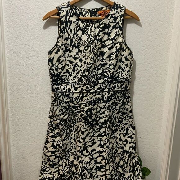 Tory Burch Black/off white Cotton/Silk Leather Trim Dress Sz 6 - Picture 2 of 9